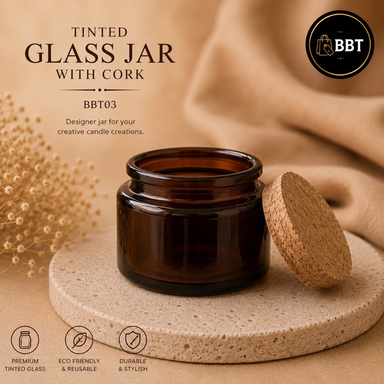 ported Tinted Candle Glass Jar with Cork – 100ml | Premium Candle Making Jar BBT03