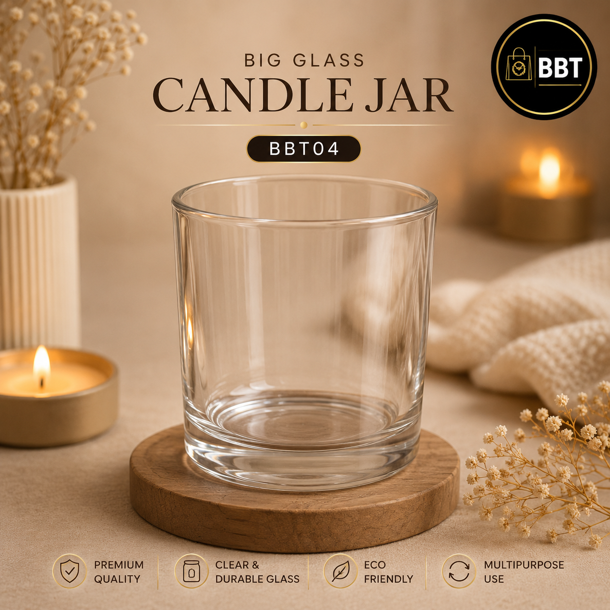 Big Glass Candle Jar | Premium Thick Glass Container for Candle Making BBT04