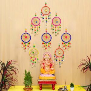 Multicolor Pom Pom Ring Bell Chakri | Decorative Hanging for Home Décor, Crafts & Festive Decoration
