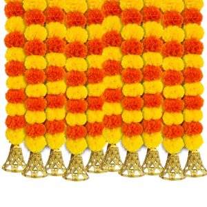 Multicolor Artificial Marigold Flowers with Bell – 5Pc Set | Decorative Genda Flowers for Hanging, Crafts & Festive Decor