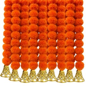 Orange Artificial Marigold Flowers with Bell – 5Pc Set | Decorative Genda Flowers for Hanging, Crafts & Festive Decor