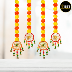 Multicolor Yellow+Orange Marigold with Pom Pom Ring Bell – 1Pc | Decorative Hanging for Home, Festive & Wedding Décor