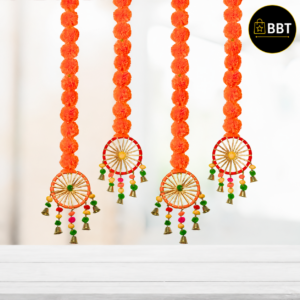 Orange Marigold with Pom Pom Ring Bell – 1Pc | Decorative Hanging for Home, Festive & Wedding Décor