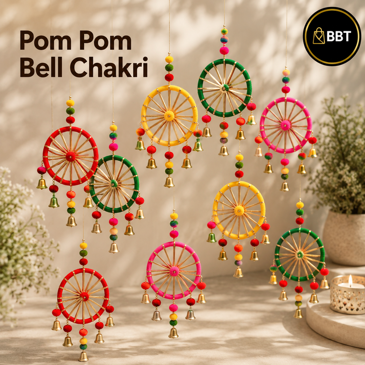 Pom Pom Ring Bell Chakri | Decorative Hanging for Home Décor, Crafts & Festive Decoration