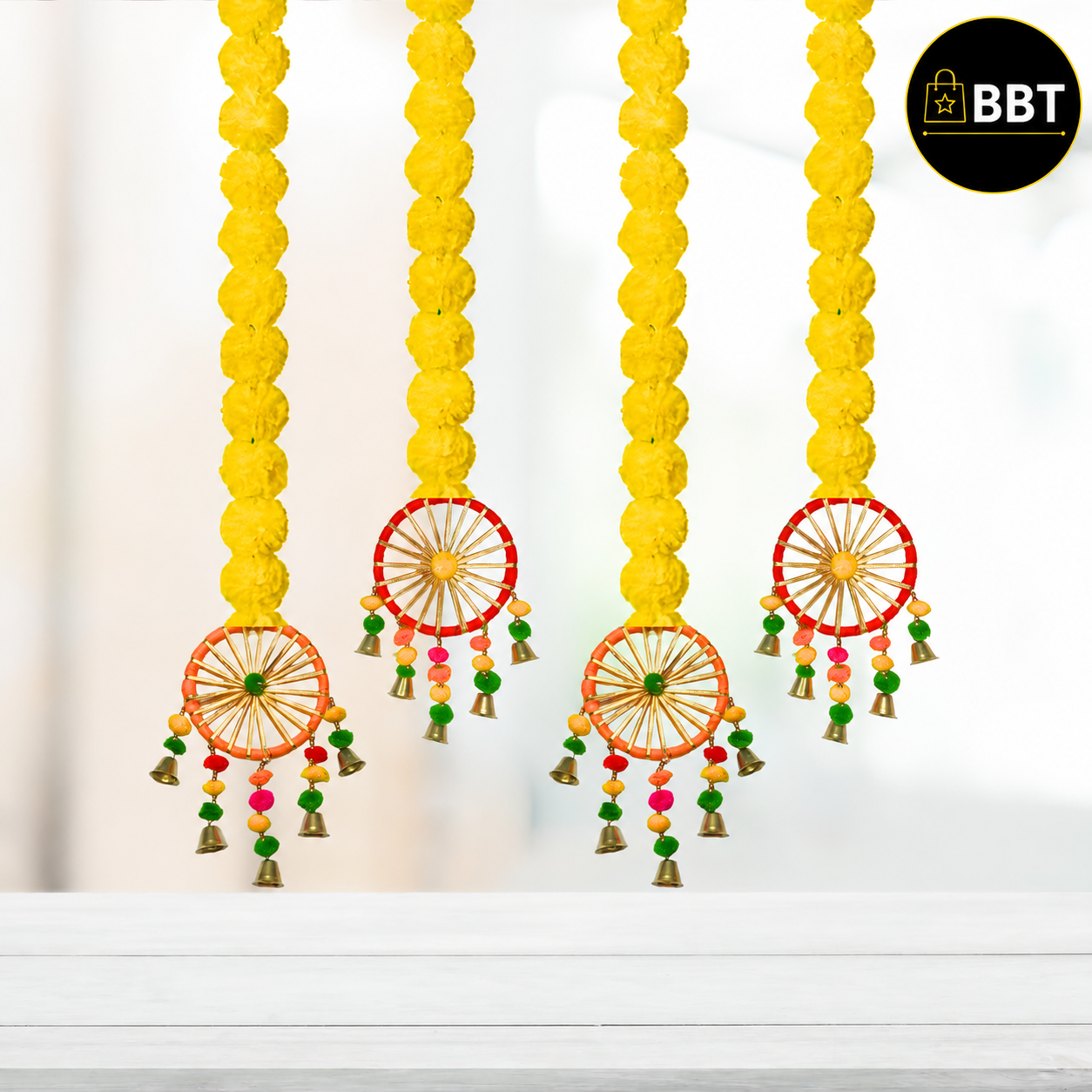 Yellow Marigold with Pom Pom Ring Bell – 1Pc | Decorative Hanging for Home, Festive & Wedding Décor