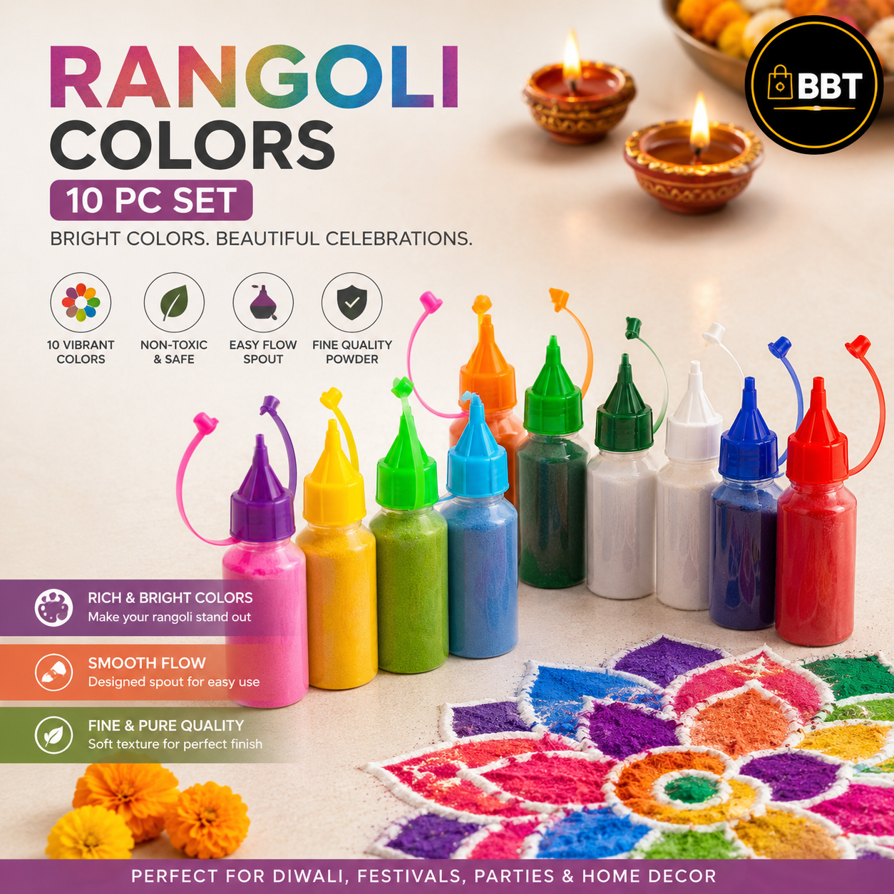 Rangoli Color Bottle Pack – 10 Colors | Decorative Rangoli Powder Set (Approx. 900g–1kg)