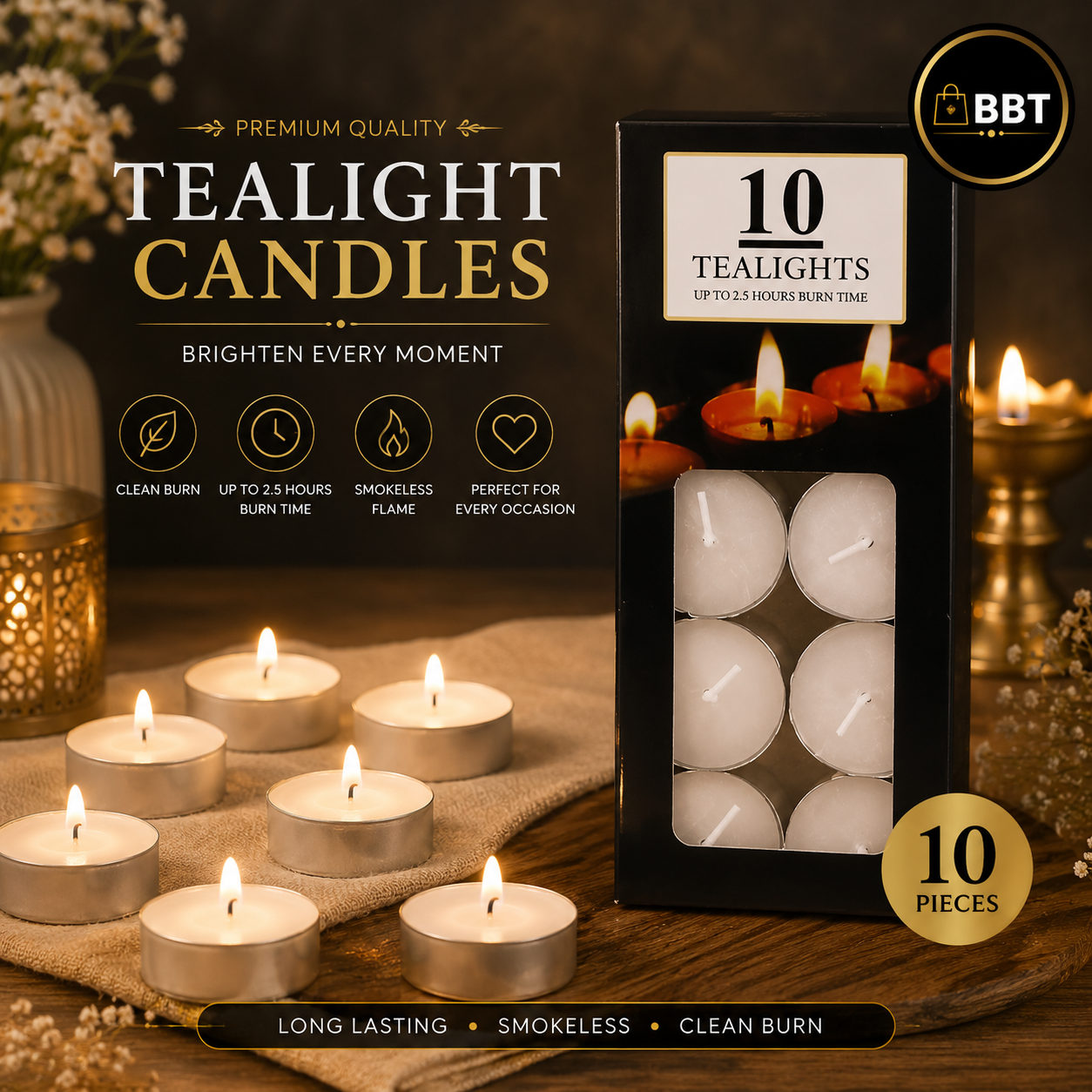 Tealight Candle 10PCS – 8GM (White) | Smokeless Decorative Tea Light Candles