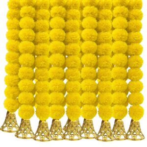 Yellow Artificial Marigold Flowers with Bell – 5Pc Set | Decorative Genda Flowers for Hanging, Crafts & Festive Decor