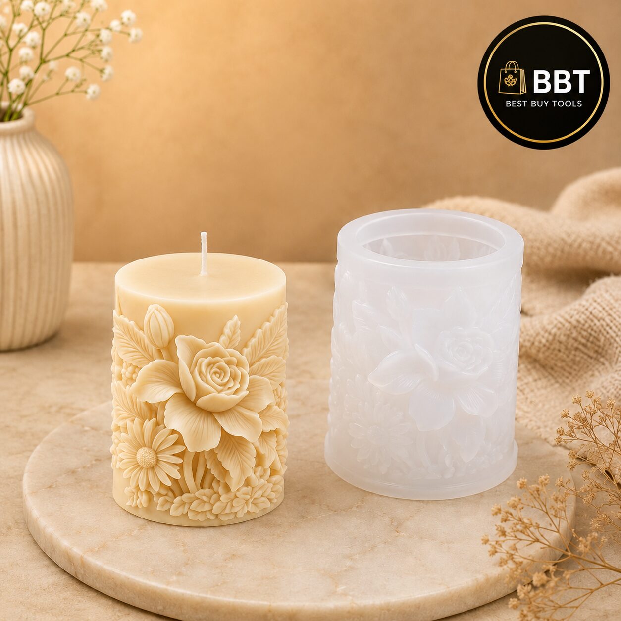 Flower Design Pillar Silicone Mold | 3D Candle & Soap Making Mold for DIY Crafts