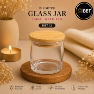 Imported Glass Candle Jar with Bamboo Lid – 200ml | Premium Glass Jar for Candle Making BBT12
