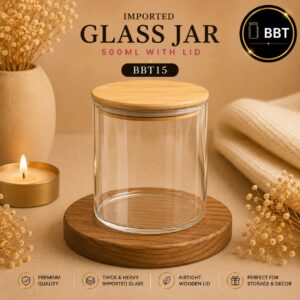 Imported Glass Candle Jar with Bamboo Lid – 500ml | Premium Glass Jar for Candle Making - BBT15