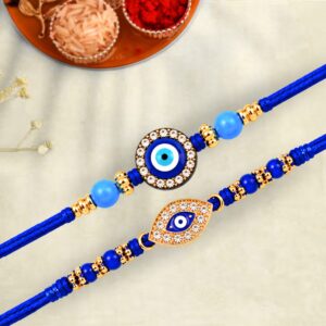 Blue Evil Eye Rakhi Pair | Bhai Bhabhi Designer Rakhi Set for Raksha Bandhan - Dozen per Pair (BBTR05)