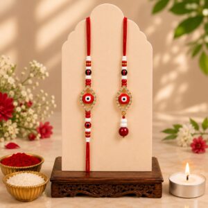 Red Evil Eye Lumba Rakhi Pair | Bhai Bhabhi Rakhi Set - Per Dozen (BBTR01)